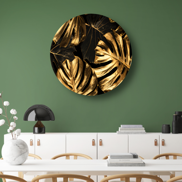 Luxe Gouden Monstera Bladeren op Zwart forex muurcirkel