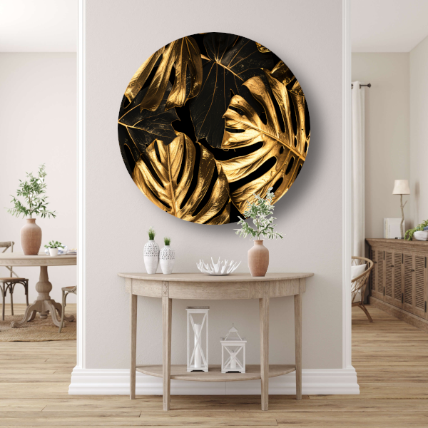 Luxe Gouden Monstera Bladeren op Zwart forex muurcirkel