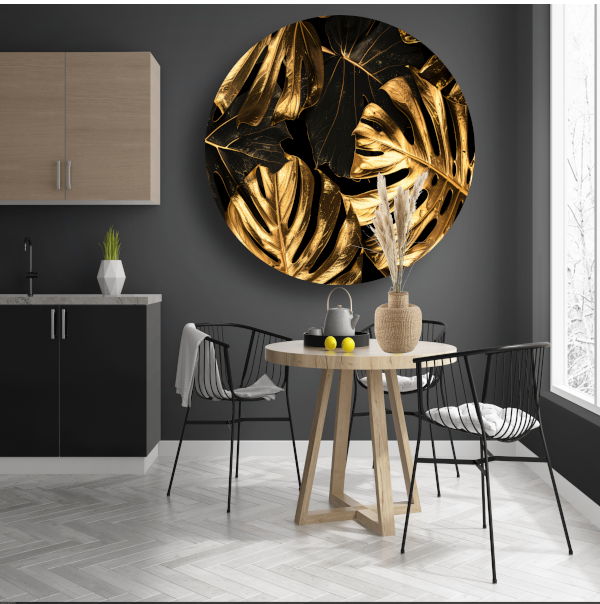 Luxe Gouden Monstera Bladeren op Zwart forex muurcirkel