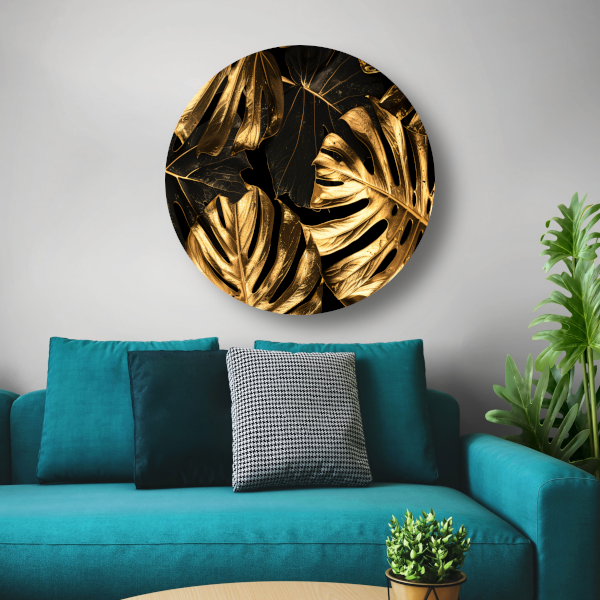 Luxe Gouden Monstera Bladeren op Zwart forex muurcirkel