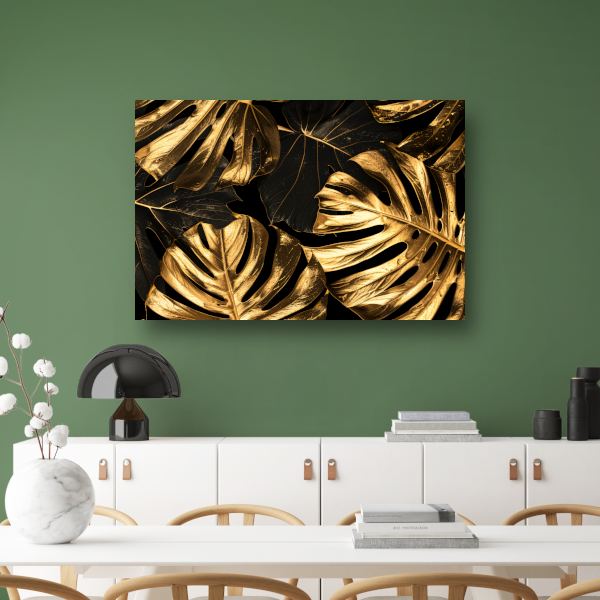 Luxe Gouden Monstera Bladeren op Zwart poster