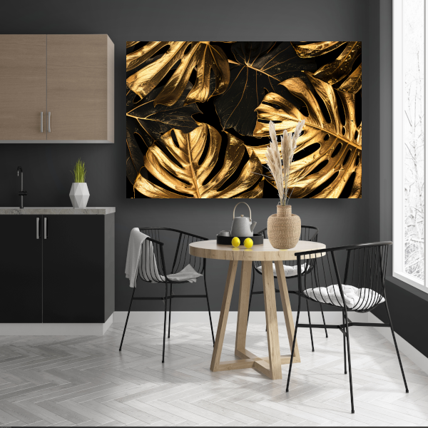 Luxe Gouden Monstera Bladeren op Zwart poster