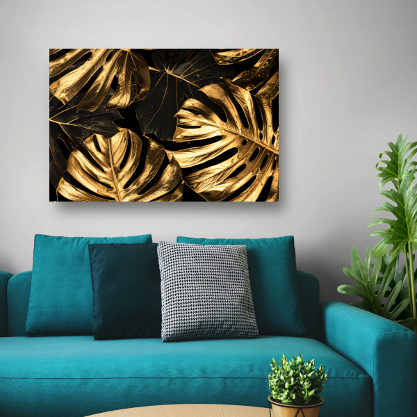Luxe Gouden Monstera Bladeren op Zwart poster