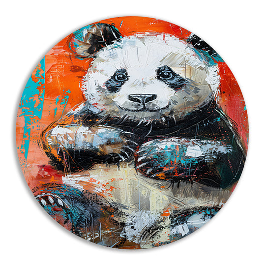 Abstract schilderij van een panda in felle kleuren aluminium muurcirkel