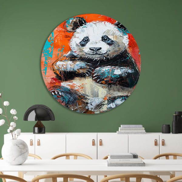 Abstract schilderij van een panda in felle kleuren aluminium muurcirkel