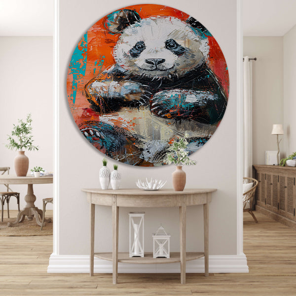 Abstract schilderij van een panda in felle kleuren aluminium muurcirkel