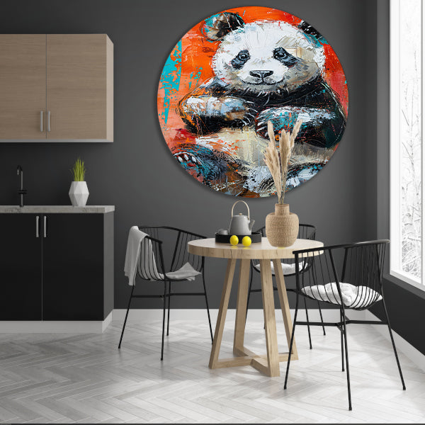 Abstract schilderij van een panda in felle kleuren aluminium muurcirkel