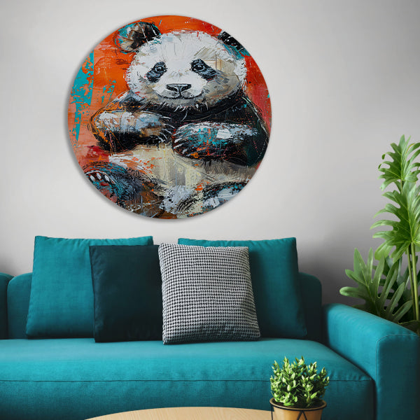 Abstract schilderij van een panda in felle kleuren aluminium muurcirkel