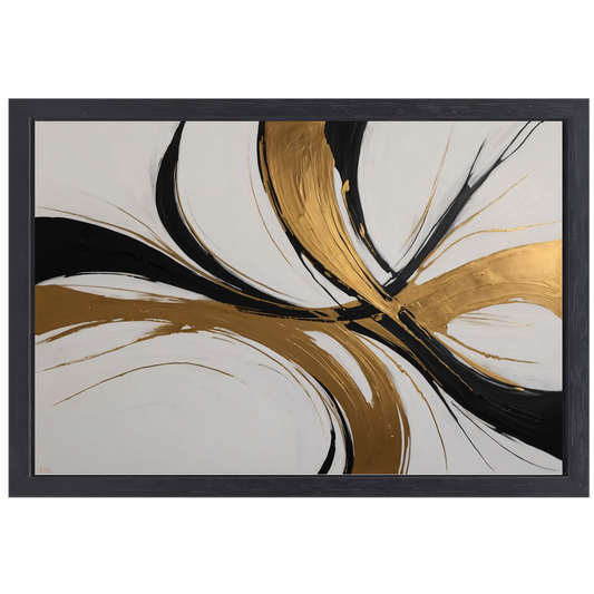 Dynamic Swirls of Elegance in Gold and Black canvas met baklijst