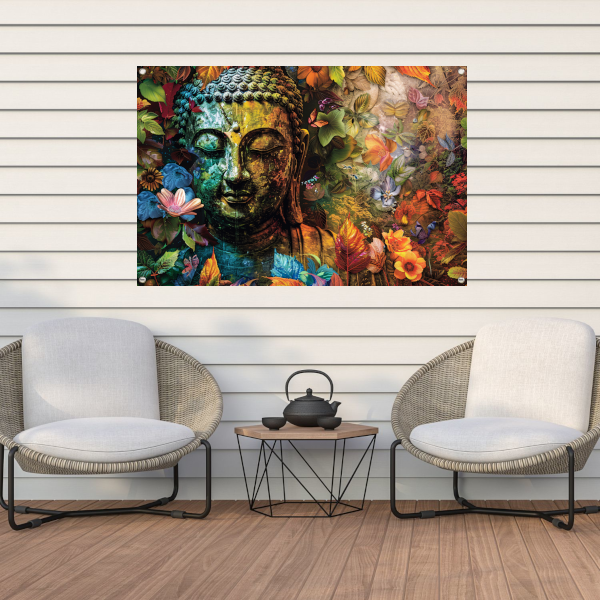 Boeddha omringd door herfstbladeren tuinposter