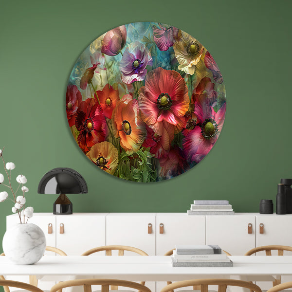 Kleurrijke abstracte impressie van diverse bloemen forex muurcirkel