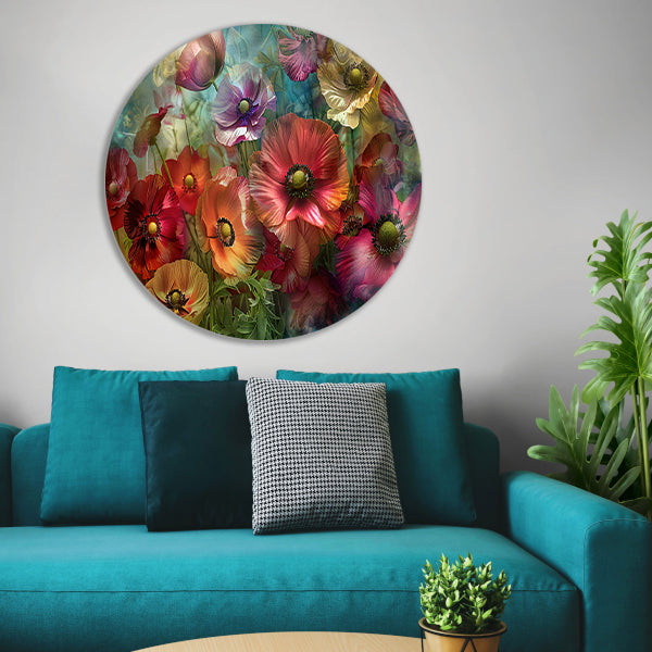Kleurrijke abstracte impressie van diverse bloemen forex muurcirkel