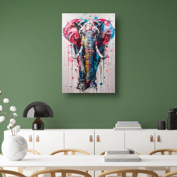 Kleurrijk olifantschilderij met dynamische verfspatten canvas