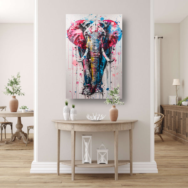 Kleurrijk olifantschilderij met dynamische verfspatten canvas