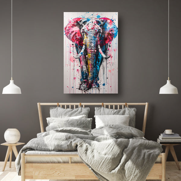 Kleurrijk olifantschilderij met dynamische verfspatten canvas