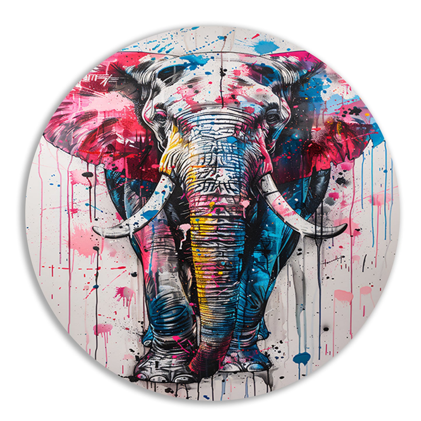 Kleurrijk olifantschilderij met dynamische verfspatten forex muurcirkel