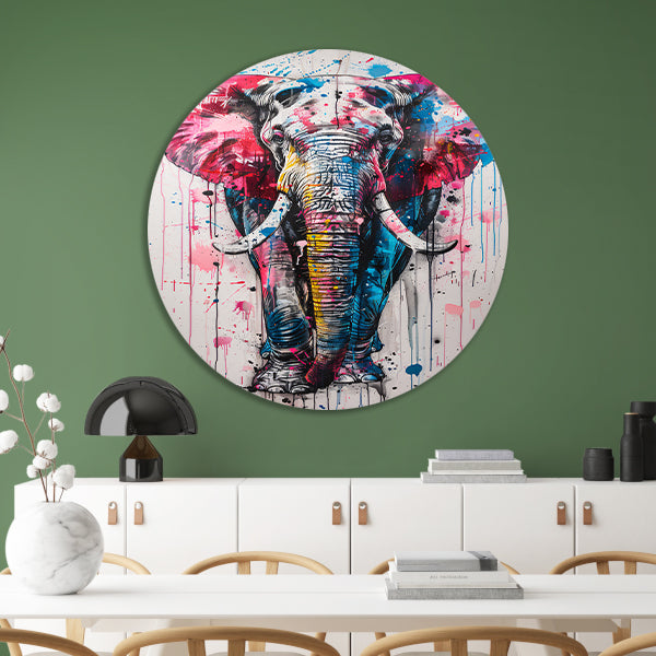 Kleurrijk olifantschilderij met dynamische verfspatten forex muurcirkel