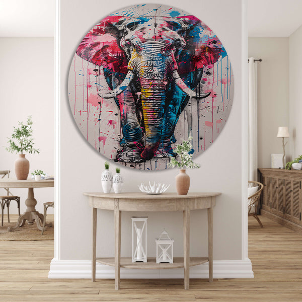 Kleurrijk olifantschilderij met dynamische verfspatten forex muurcirkel
