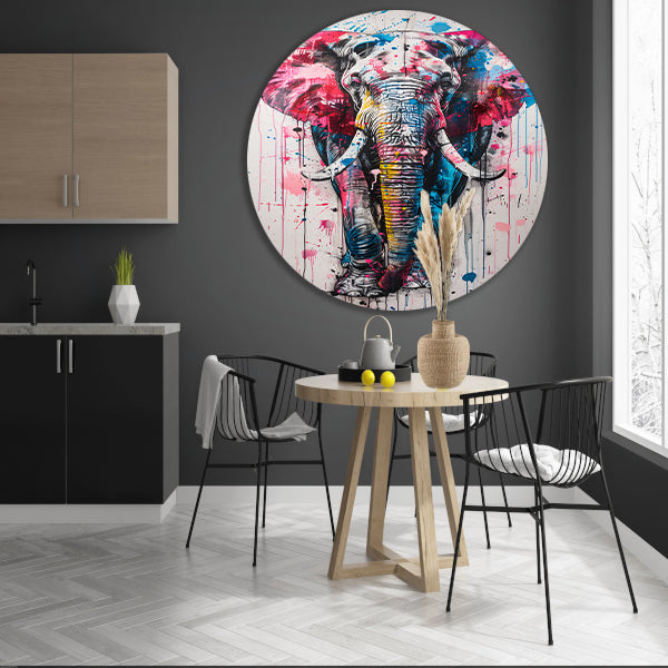 Kleurrijk olifantschilderij met dynamische verfspatten forex muurcirkel