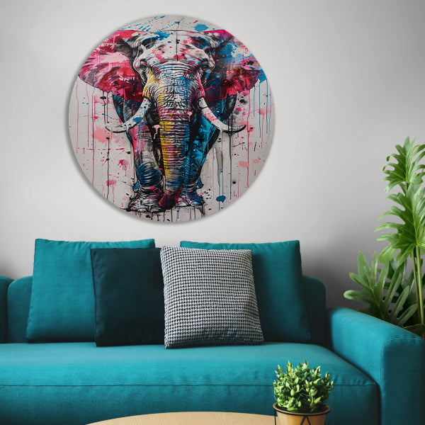 Kleurrijk olifantschilderij met dynamische verfspatten forex muurcirkel