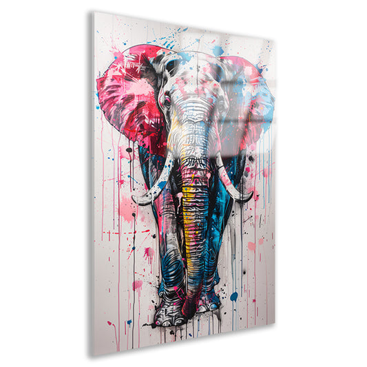 Kleurrijk olifantschilderij met dynamische verfspatten acrylglas