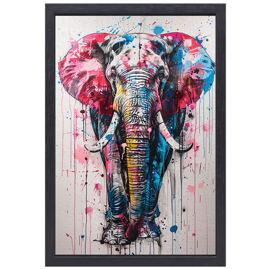 Kleurrijk olifantschilderij met dynamische verfspatten canvas met baklijst