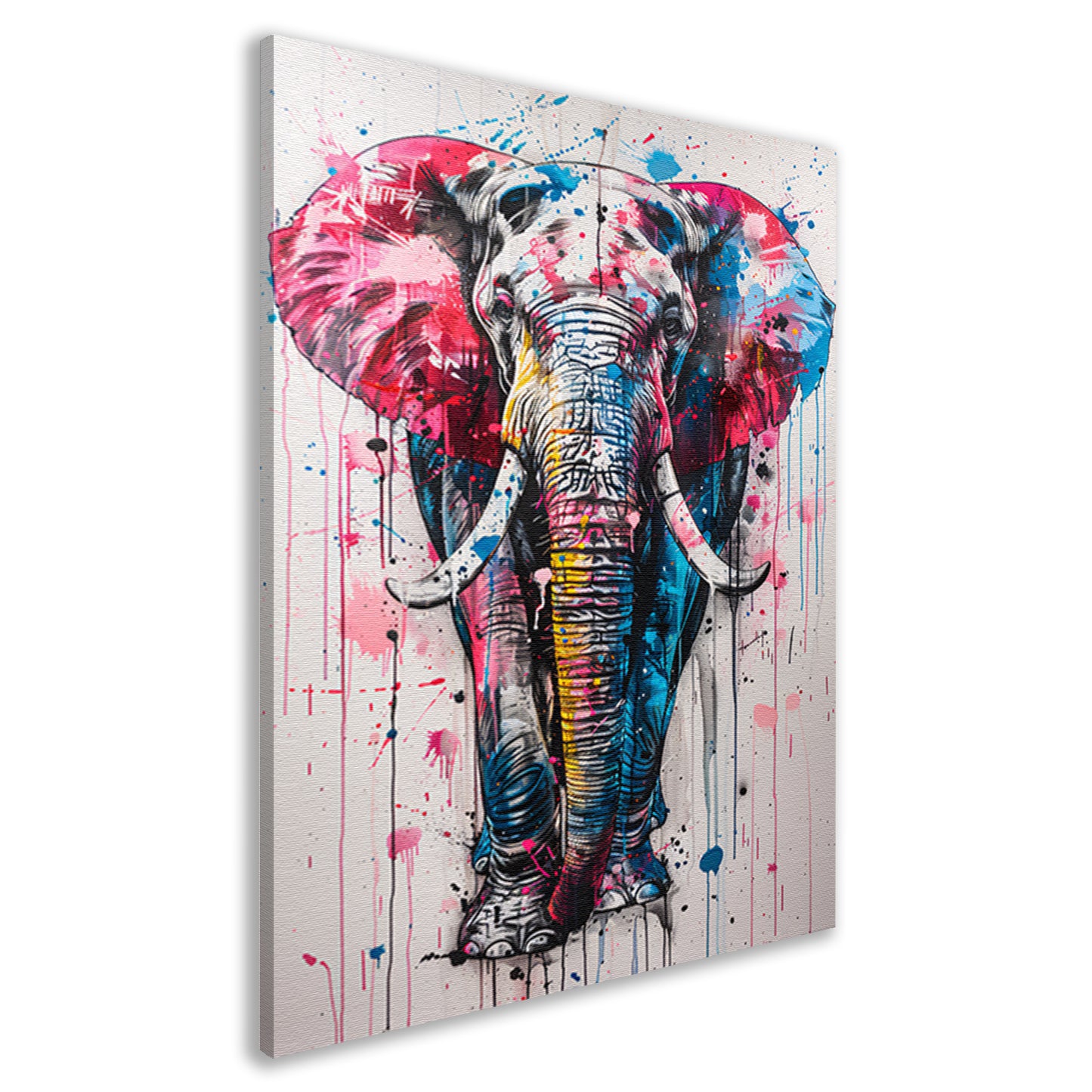Kleurrijk olifantschilderij met dynamische verfspatten canvas