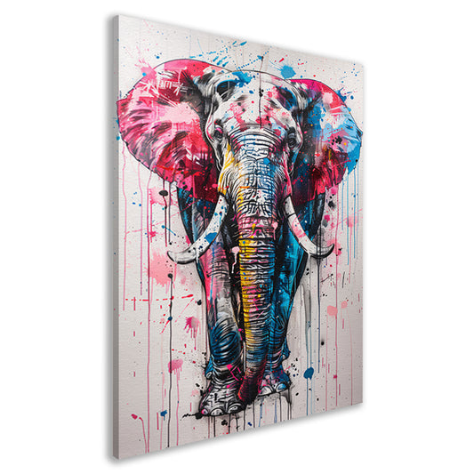Kleurrijk olifantschilderij met dynamische verfspatten canvas
