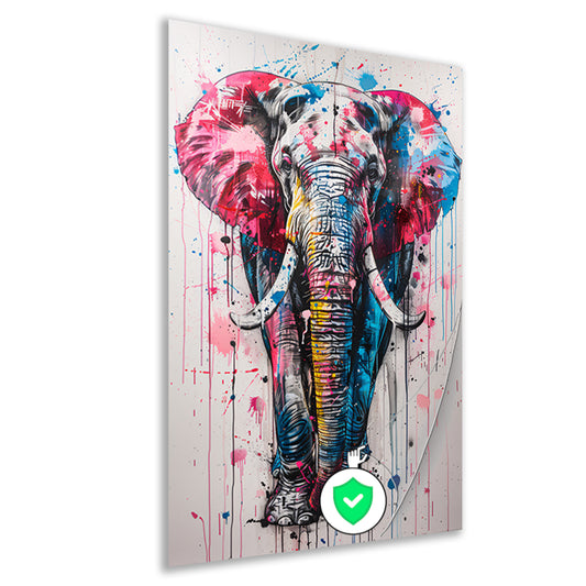 Kleurrijk olifantschilderij met dynamische verfspatten poster