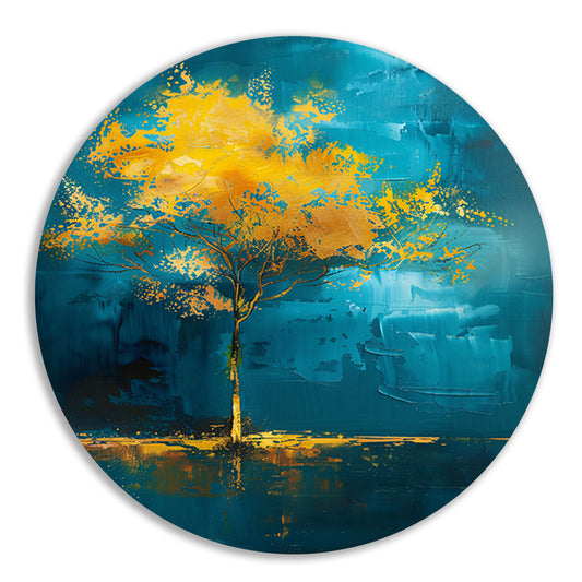 Abstracte boom met gele en blauwe kleuren aluminium muurcirkel