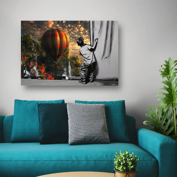 Jongen reikt naar kleurrijke luchtballon canvas