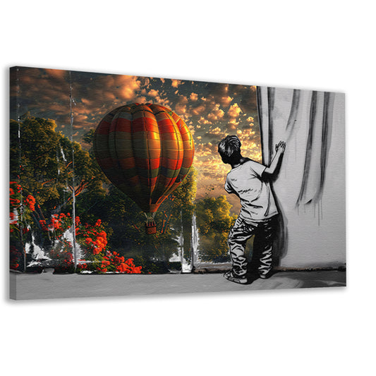 Jongen reikt naar kleurrijke luchtballon canvas