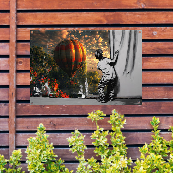 Jongen reikt naar kleurrijke luchtballon tuinposter
