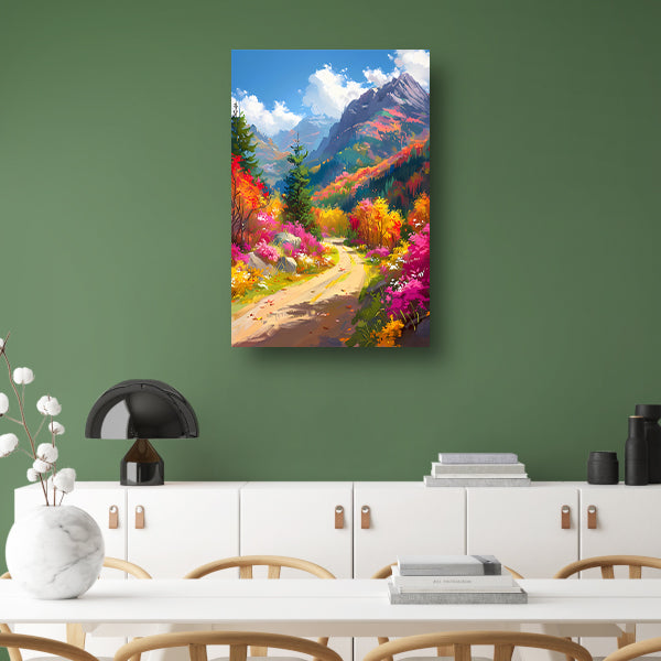 Kleurrijk herfstlandschap met bloemen en bergen canvas