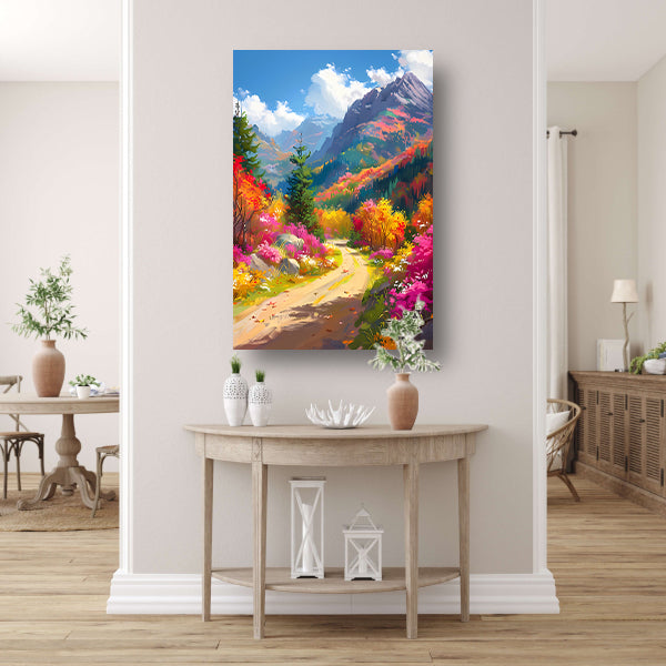 Kleurrijk herfstlandschap met bloemen en bergen canvas
