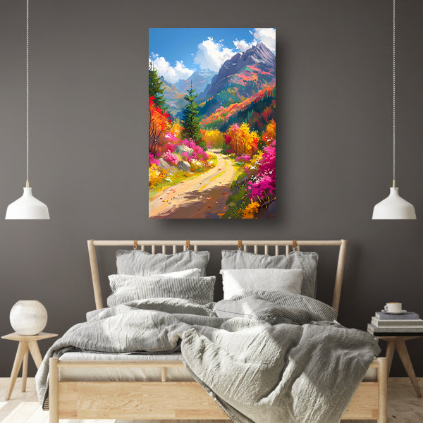 Kleurrijk herfstlandschap met bloemen en bergen canvas