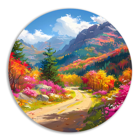 Kleurrijk herfstlandschap met bloemen en bergen aluminium muurcirkel