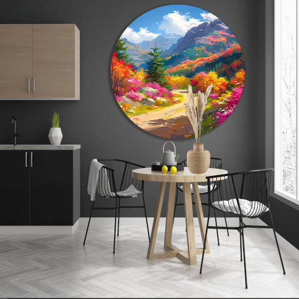 Kleurrijk herfstlandschap met bloemen en bergen aluminium muurcirkel