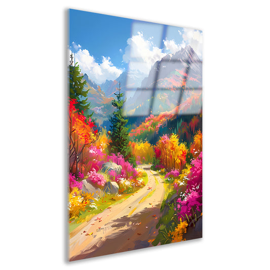 Kleurrijk herfstlandschap met bloemen en bergen acrylglas