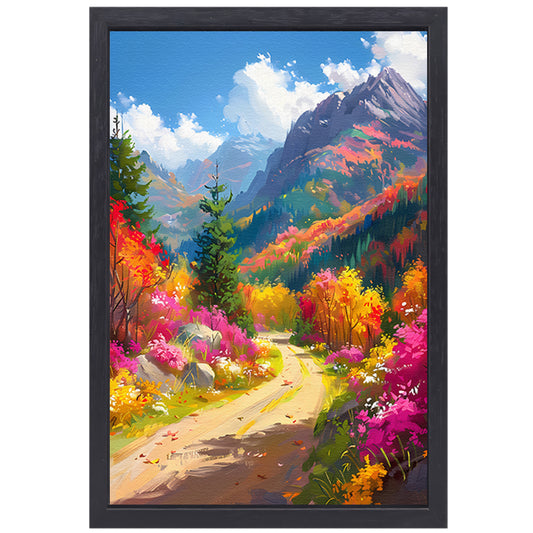 Kleurrijk herfstlandschap met bloemen en bergen canvas met baklijst