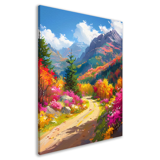 Kleurrijk herfstlandschap met bloemen en bergen canvas
