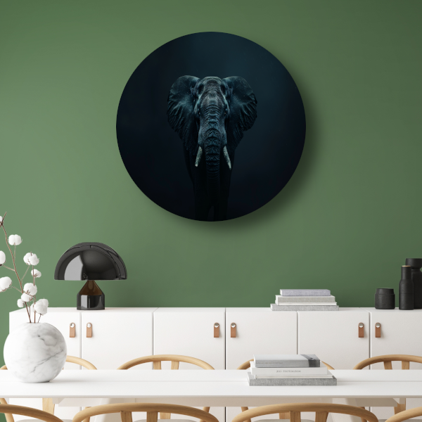 Olifant in het donker met zichtbare schaduwen aluminium muurcirkel