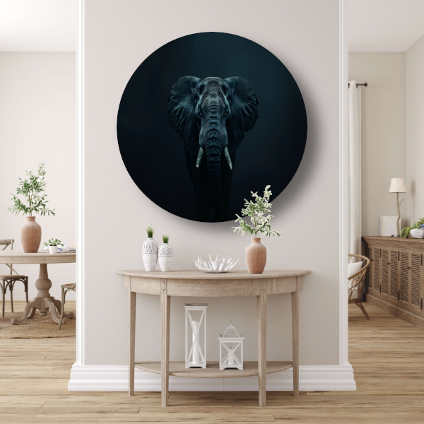 Olifant in het donker met zichtbare schaduwen aluminium muurcirkel