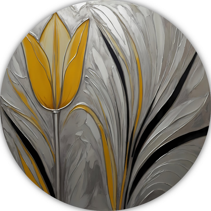 Abstracte Gele Tulp op Zilveren Achtergrond aluminium muurcirkel