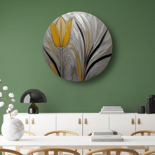 Abstracte Gele Tulp op Zilveren Achtergrond aluminium muurcirkel