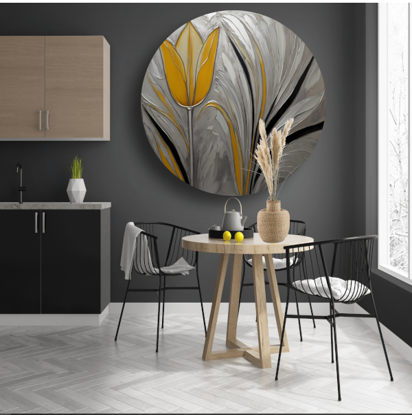Abstracte Gele Tulp op Zilveren Achtergrond aluminium muurcirkel