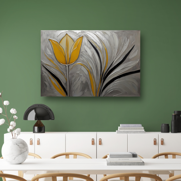 Abstracte Gele Tulp op Zilveren Achtergrond canvas met baklijst