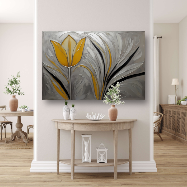 Abstracte Gele Tulp op Zilveren Achtergrond canvas met baklijst