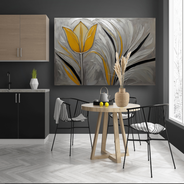 Abstracte Gele Tulp op Zilveren Achtergrond canvas met baklijst