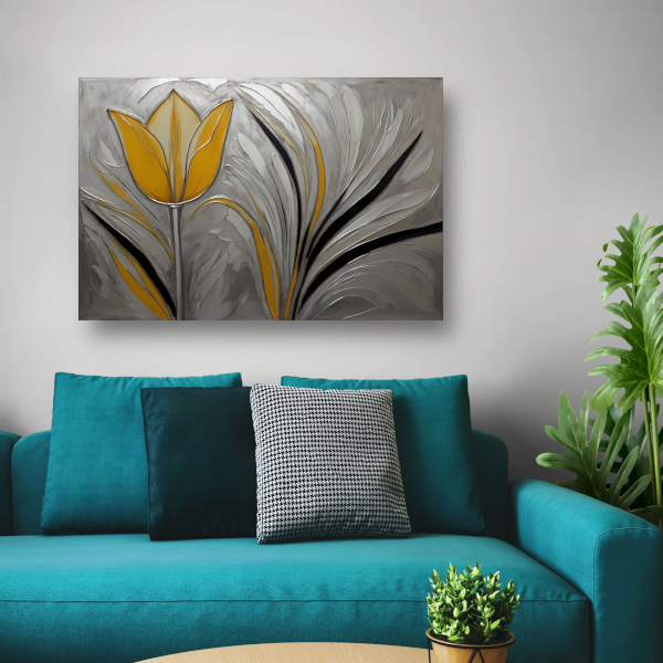 Abstracte Gele Tulp op Zilveren Achtergrond canvas met baklijst